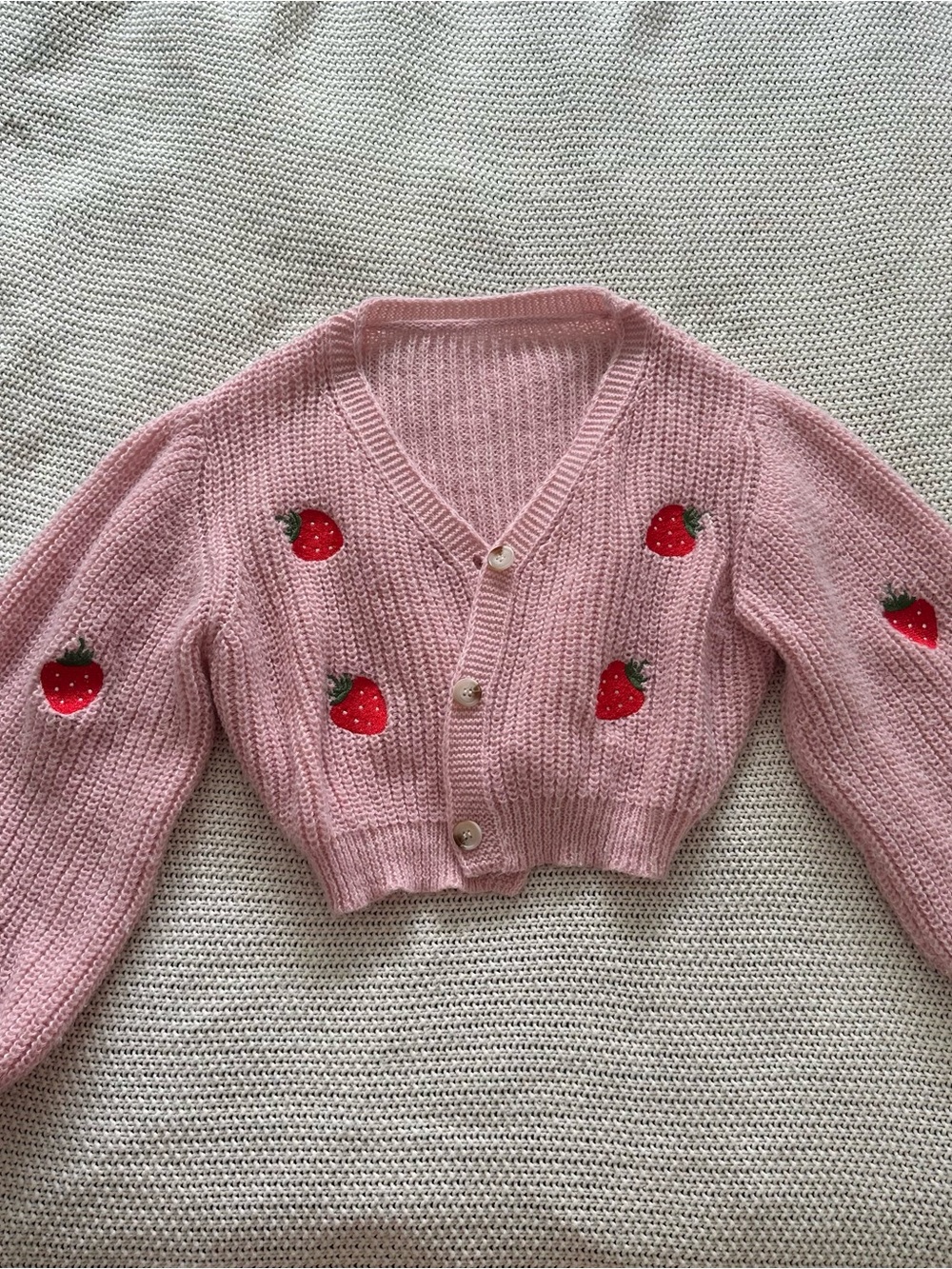 SHEIN Pink Cropped Strawberry Knit V-Neck Cardigan